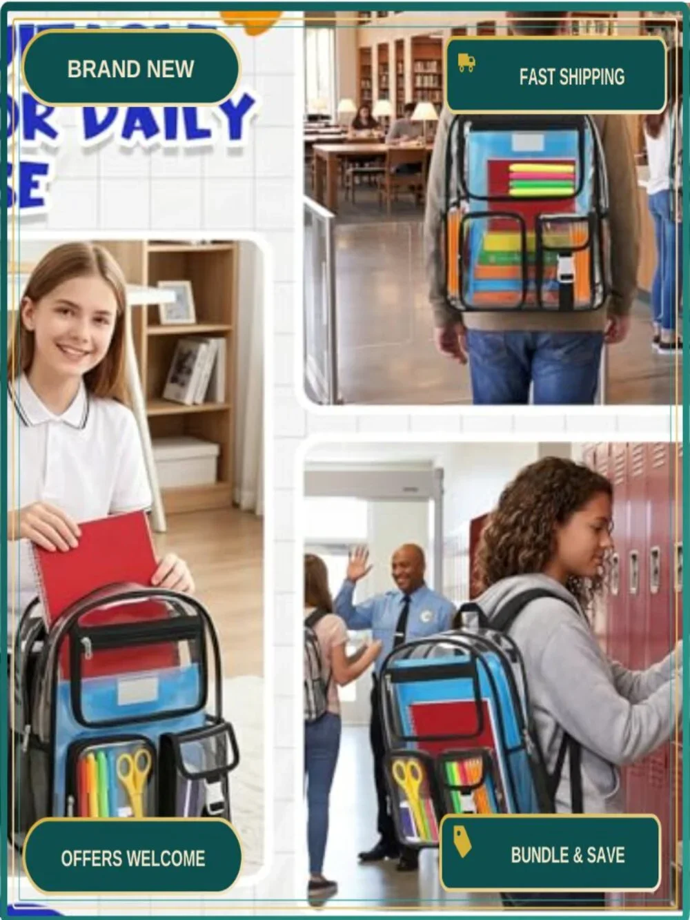 Clear PVC Backpack with Study Supplies Kit - Stationery Set, Stadium Approved,